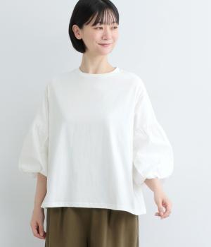 布帛コンビカットソードッキングバルーン袖Tシャツ(オフホワイト-F)