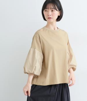 布帛コンビカットソードッキングバルーン袖Tシャツ(ベージュ-F)