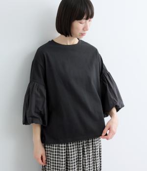 布帛コンビカットソードッキングバルーン袖Tシャツ(ブラック-F)