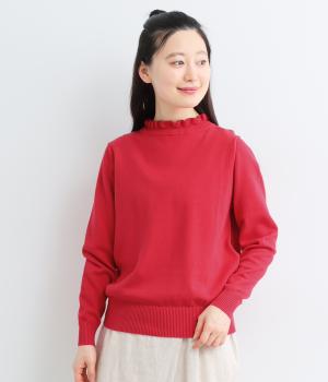 コットン100%ニット天竺襟ぐりフリルプルオーバー(トマトレッド-F)