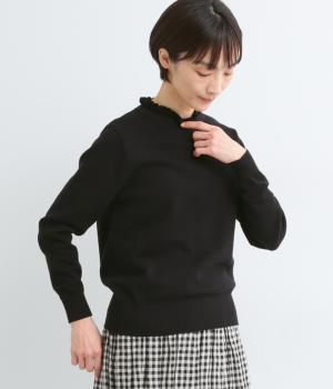 コットン100%ニット天竺襟ぐりフリルプルオーバー(ブラック-F)