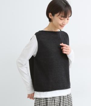 ヘンプコットン×和紙ローゲージ天竺ベスト(ブラック-F)