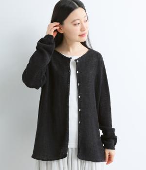 ヘンプコットン×和紙ローゲージ横編みカーディガン(ブラック-F)