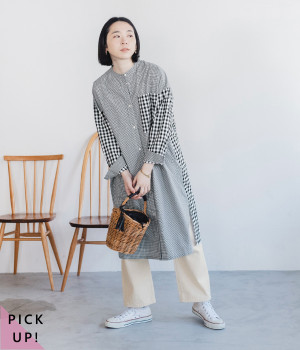 タイプライタースタンドカラーチュニックワンピース　クレイジーパターン(ギンガム2×ギンガム1-ONESIZE)