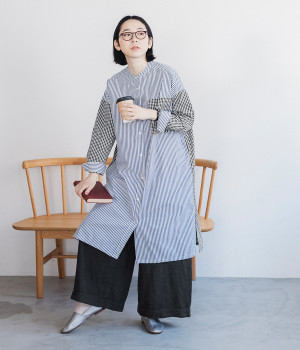 タイプライタースタンドカラーチュニックワンピース　クレイジーパターン(ネイビーストライプ×ギンガム-ONESIZE)