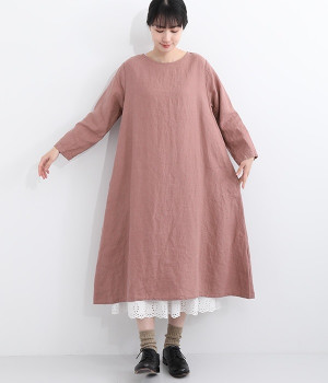 リネン　シンプルワンピース長袖(ローズ-ONESIZE)