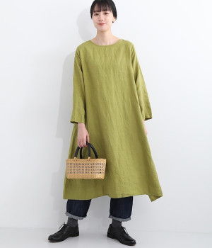 リネン　シンプルワンピース長袖(ウグイス-ONESIZE)