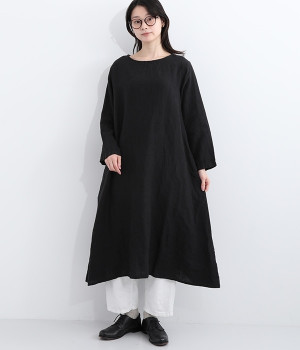 リネン　シンプルワンピース長袖(ブラック-ONESIZE)