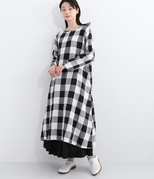 リネン　シンプルワンピース長袖(ギンガム-ONESIZE)