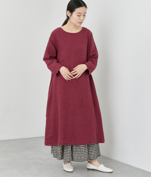 リネン　シンプルワンピース長袖(ラズベリー-ONESIZE)