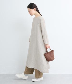 リネン　シンプルワンピース長袖(ナチュラル-F)
