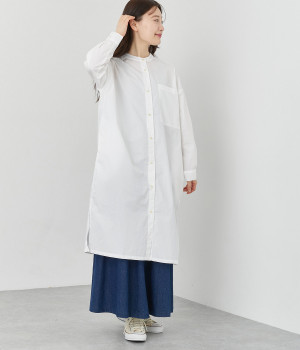 タイプライタースタンドカラーチュニックワンピース(ホワイト-ONESIZE)