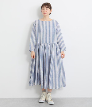 リネンボイル2wayギャザーワンピース(ブルーストライプ-ONESIZE)