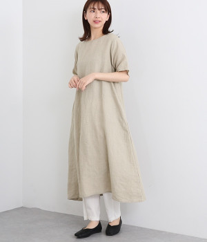 リネンシンプルワンピース半袖(ナチュラル-ONESIZE)