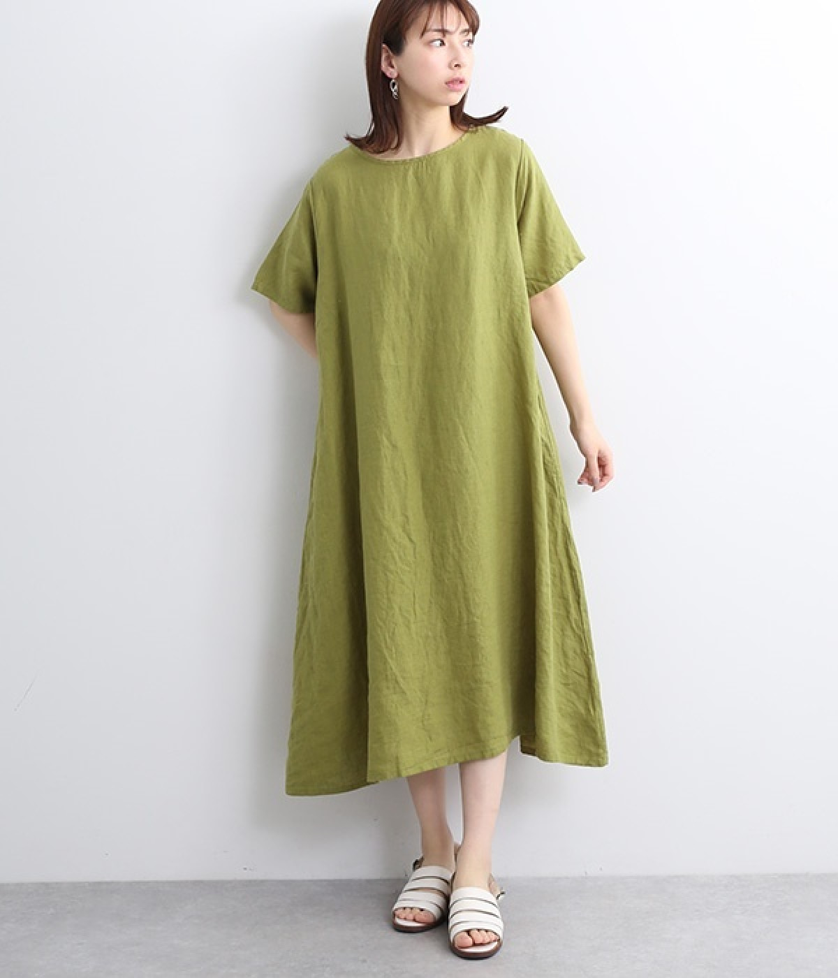 リネンシンプルワンピース半袖(ウグイス-ONESIZE)