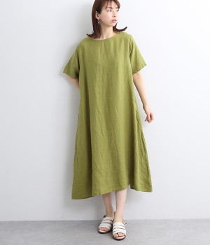 リネンシンプルワンピース半袖(ウグイス-ONESIZE)