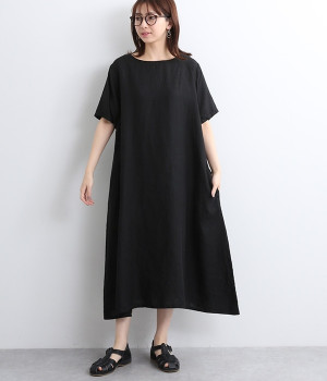 リネンシンプルワンピース半袖(ブラック-ONESIZE)