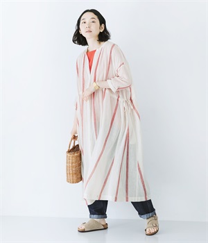 コットンリネンガーゼ前開きギャザーワンピース(レッドストライプ-ONESIZE)