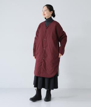 ブロードクロスソフト仕上げノーカラーコクーンリバーシブルコート(ブラウンギンガム-F)