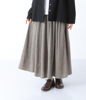 レーヨンウールガーゼウエストギャザースカート(ベージュグレンチェック-F)