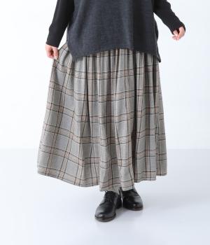 レーヨンウールガーゼウエストギャザースカート(ブラウングレンチェック-F)
