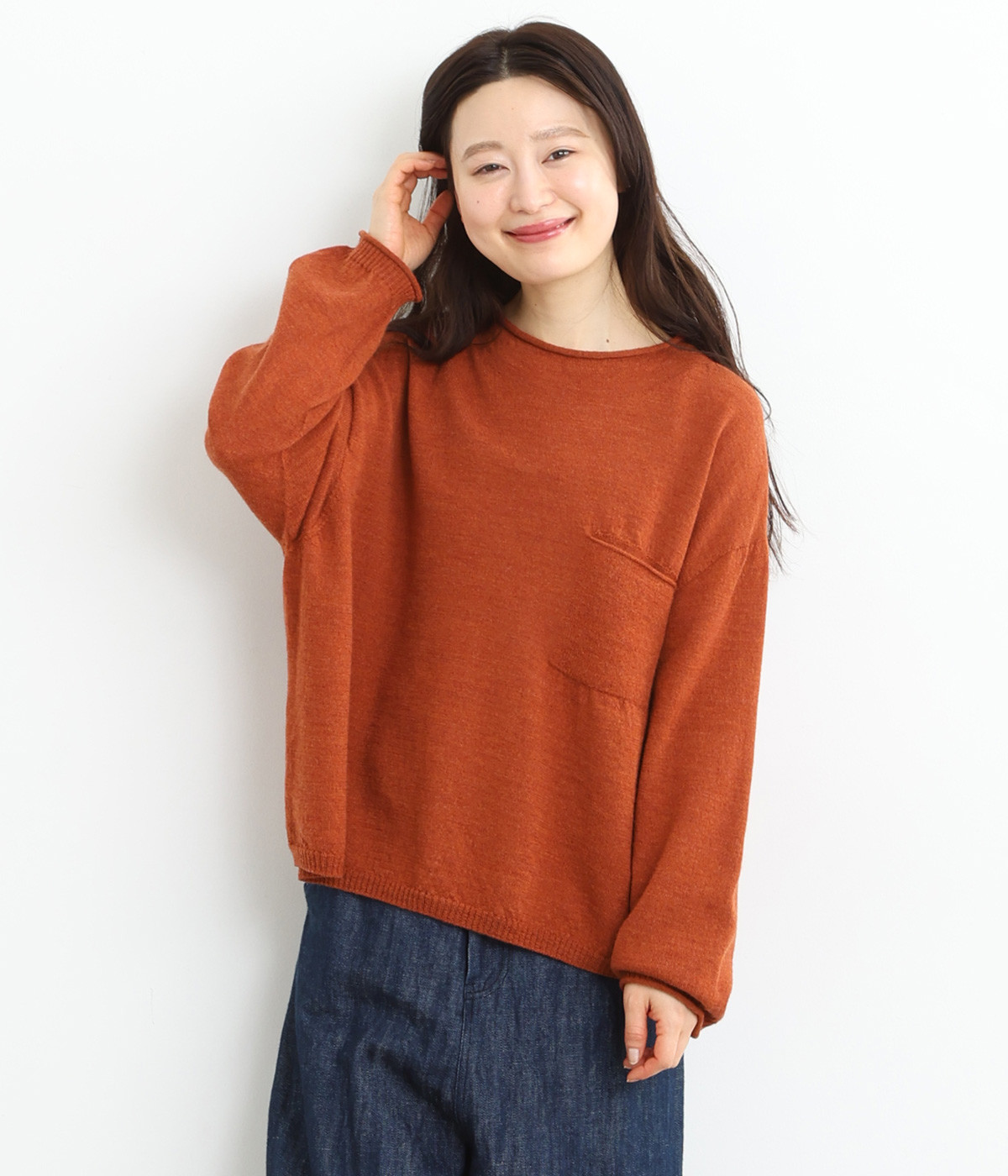 ハイゲージニット胸ポケットプルオーバー(ダークオレンジ-ONESIZE)