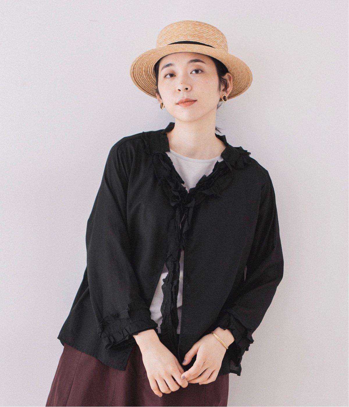 コットンサテンガーゼスクエアカーブフリルブラウス(ブラック-ONESIZE)