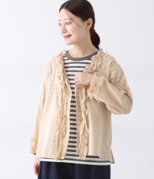 コットンサテンガーゼスクエアカーブフリルブラウス(アプリコットベージュ-ONESIZE)