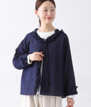 コットンサテンガーゼスクエアカーブフリルブラウス(ダスクブルー-ONESIZE)