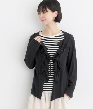 コットンリネン製品染フリルカーディガン(ブラック-ONESIZE)