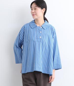 ブロードクロスソフト仕上げ襟つきオーバーブラウス(ブルーストライプ-F)