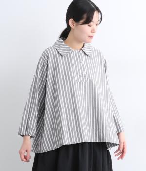 ブロードクロスソフト仕上げ襟つきオーバーブラウス(グレーストライプ-F)