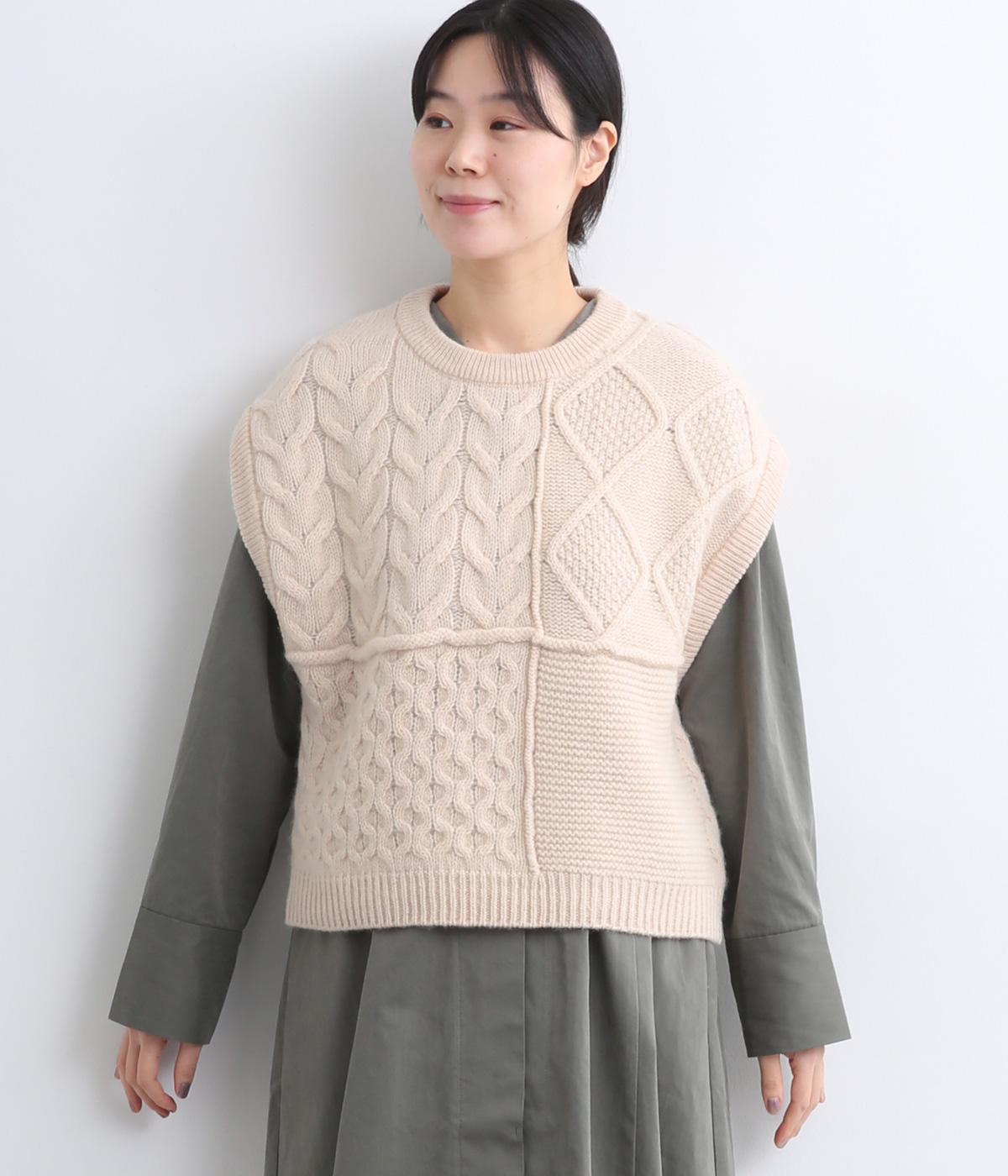 ウール100％ニットアラン柄パネルベスト(オートミール-F)