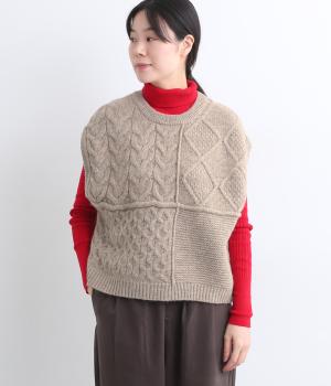 ウール100％ニットアラン柄パネルベスト(ベージュ-F)