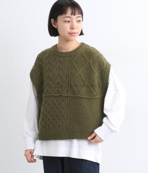ウール100％ニットアラン柄パネルベスト(モスグリーン-F)