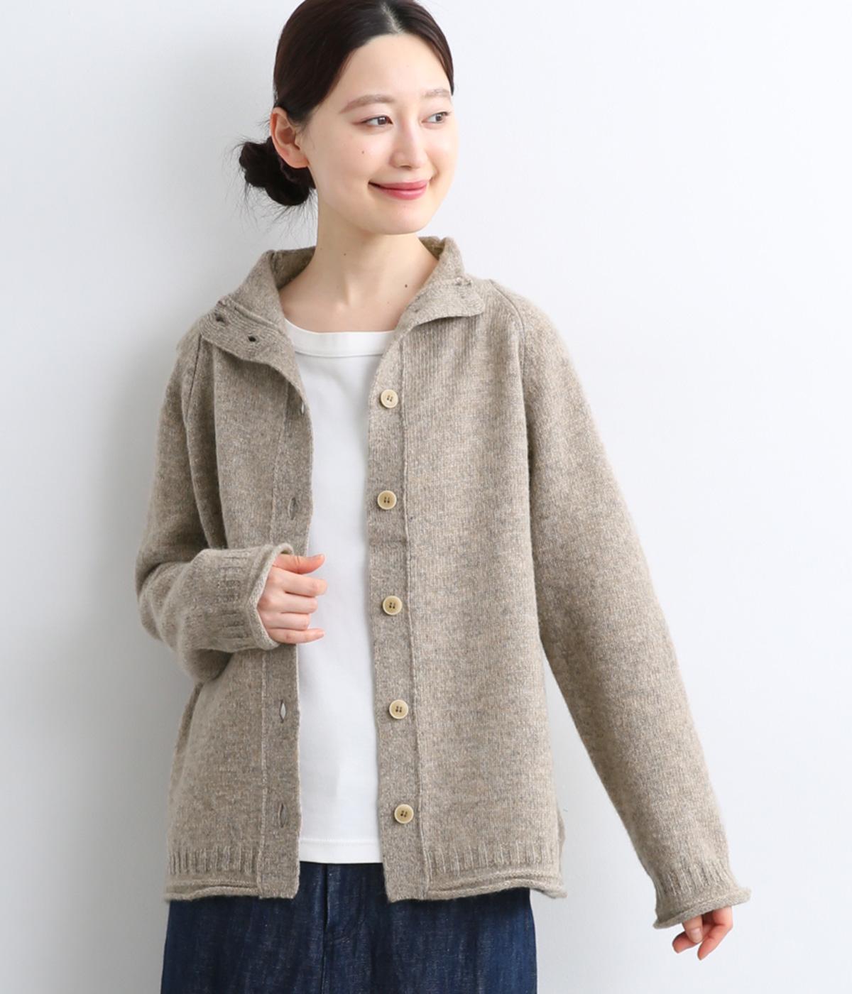 ウール100％ニットボトルネックカーディガン(ベージュ-F)