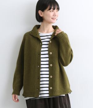 ウール100％ニットボトルネックカーディガン(モスグリーン-F)