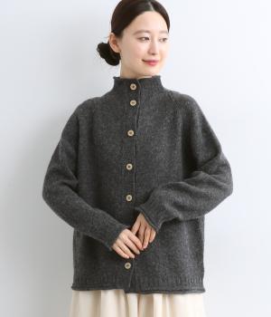 ウール100％ニットボトルネックカーディガン(チャコール-F)
