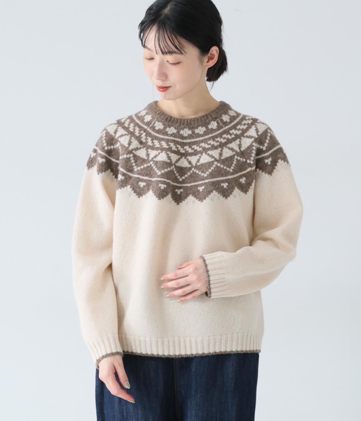 ウール100%ニットノルディック柄プルオーバー(オートミール-F)
