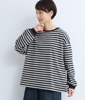 天竺シルケットボーダー　ワイドシルエットTシャツ(ライトグレー×ネイビー-F)