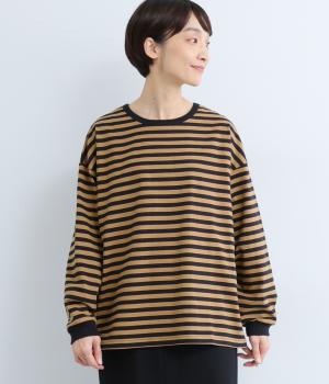 天竺シルケットボーダー　ワイドシルエットTシャツ(キャメル×ネイビー-F)