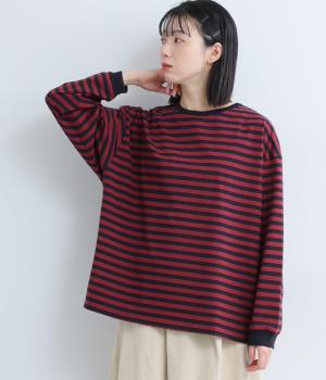 天竺シルケットボーダー　ワイドシルエットTシャツ(ワイン×ネイビー-F)