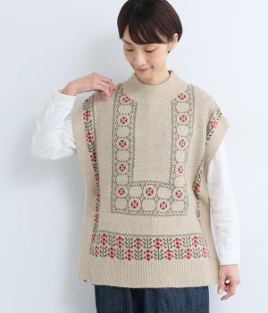 ジャカードニット　パッチワーク風ベスト(オートミール×マルチ-F)
