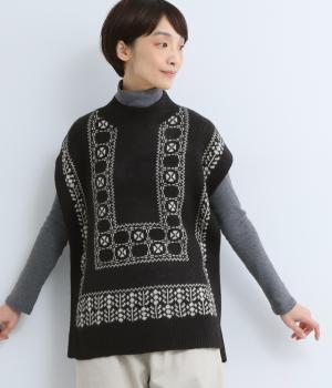 ジャカードニット　パッチワーク風ベスト(ブラック×オートミール-F)