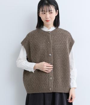 ウール100％ニット　透かし柄2wayドロップショルダーベスト(ココア-F)