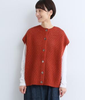ウール100％ニット　透かし柄2wayドロップショルダーベスト(オキサイドレッド-F)