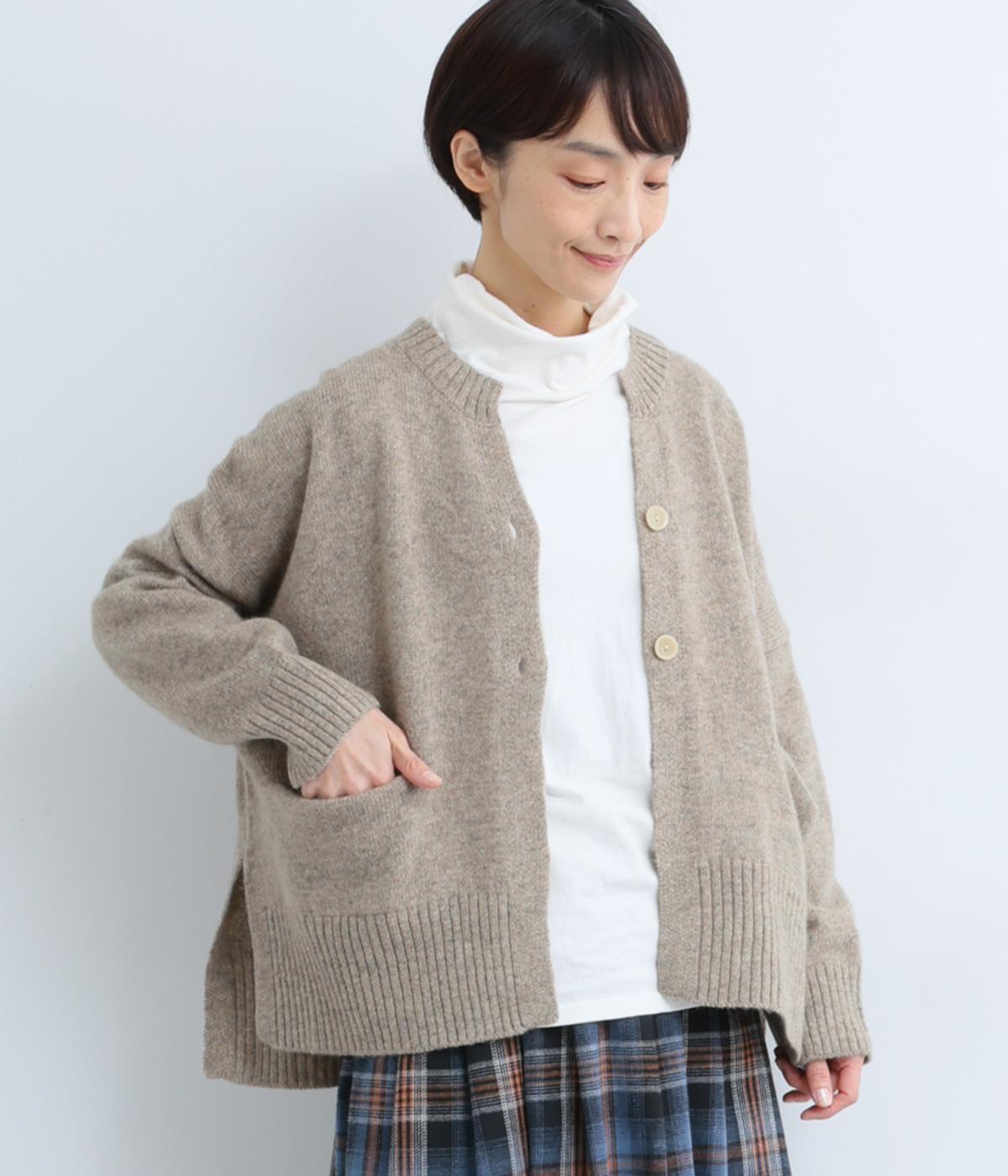 ウール100％ニット　脇スリットワイドカーディガン(サンドベージュ-F)