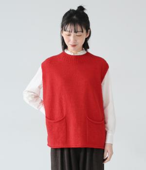 リネンウールポケット付きベスト(レッド-F)