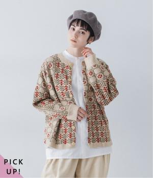 ジャカードニット　パッチワーク柄2wayカーディガン(オートミール×マルチ-F)