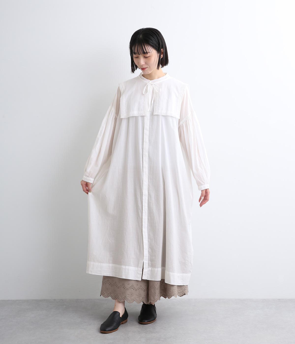 コットンサテンガーゼノーカラーギャザーワンピース(レース襟付き)(オフホワイト-ONESIZE)